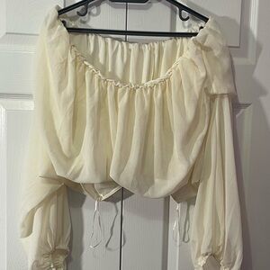 Urban Planet Silky White Blouse Round Neck Off The Shoulder Style Baggy Arms